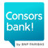 Consorsbank Logo: Weißer Text "Consors bank!" auf blauem Sprechblasensymbol, darunter "by BNP PARIBAS".
