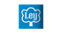 Blaues Quadrat mit weißem Baum-Logo und dem Wort "Ley" in geschwungenen Buchstaben.