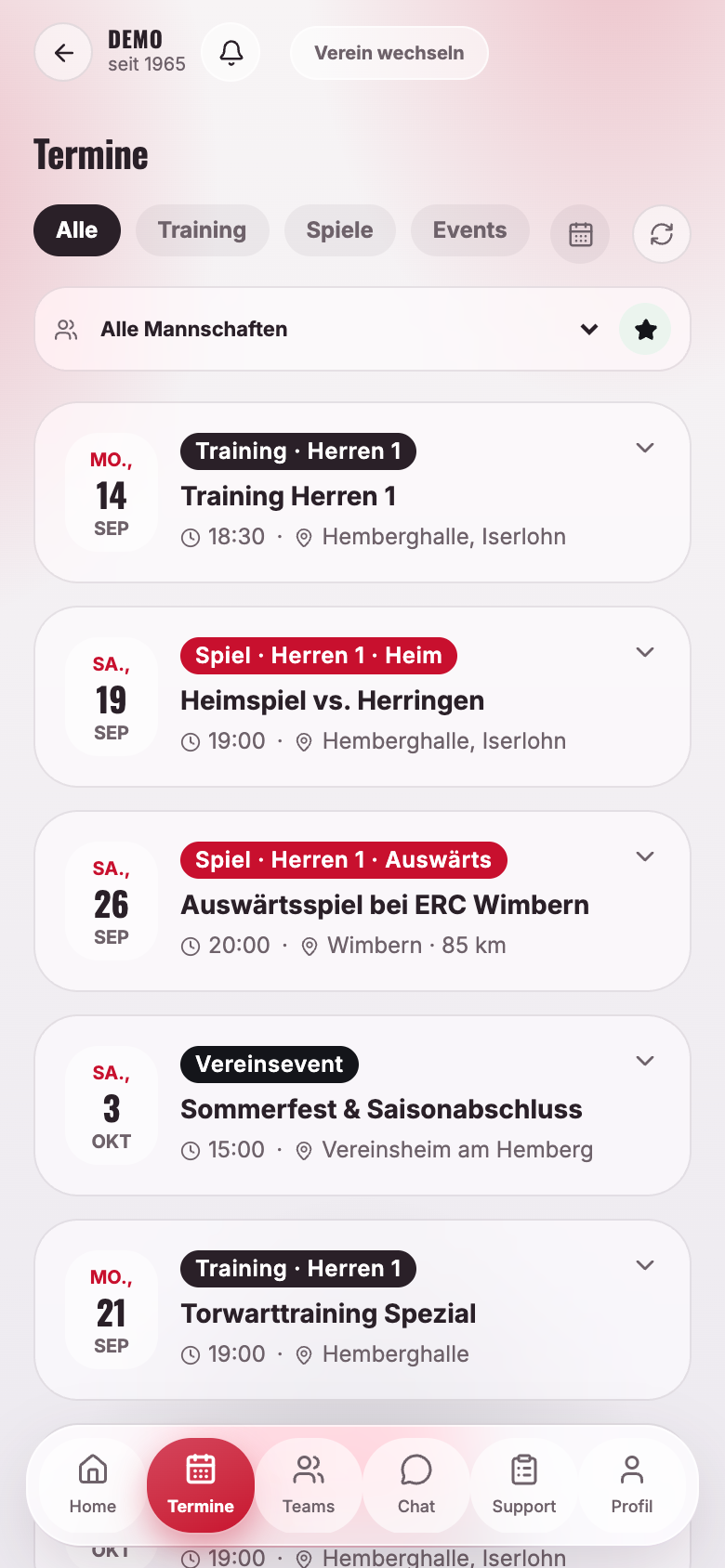 Terminliste und Kalender der App