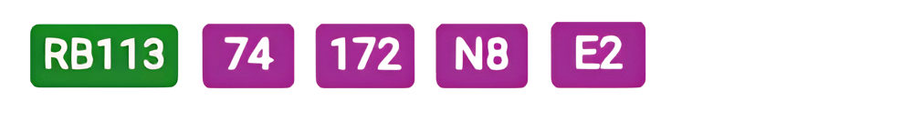 Grüner Button mit "RB113", lila Button mit "74".