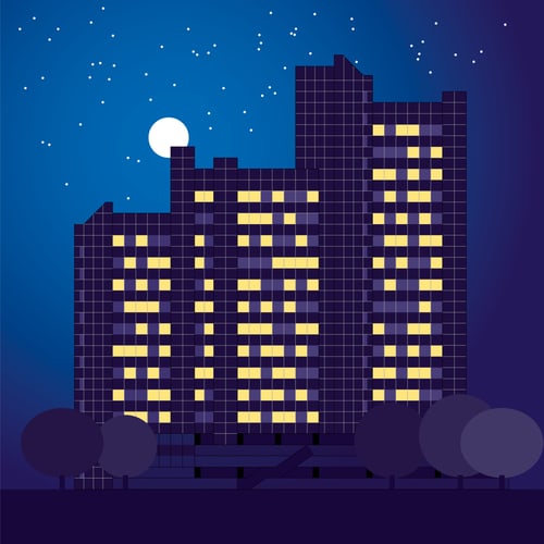 Illustration des Bonner Stadthauses bei Nacht mit beleuchteten Fenstern und Mond