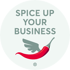 Rotes Chili mit Flügeln unter dem Text "SPICE UP YOUR BUSINESS" und einem eingetragenen Warenzeichen.