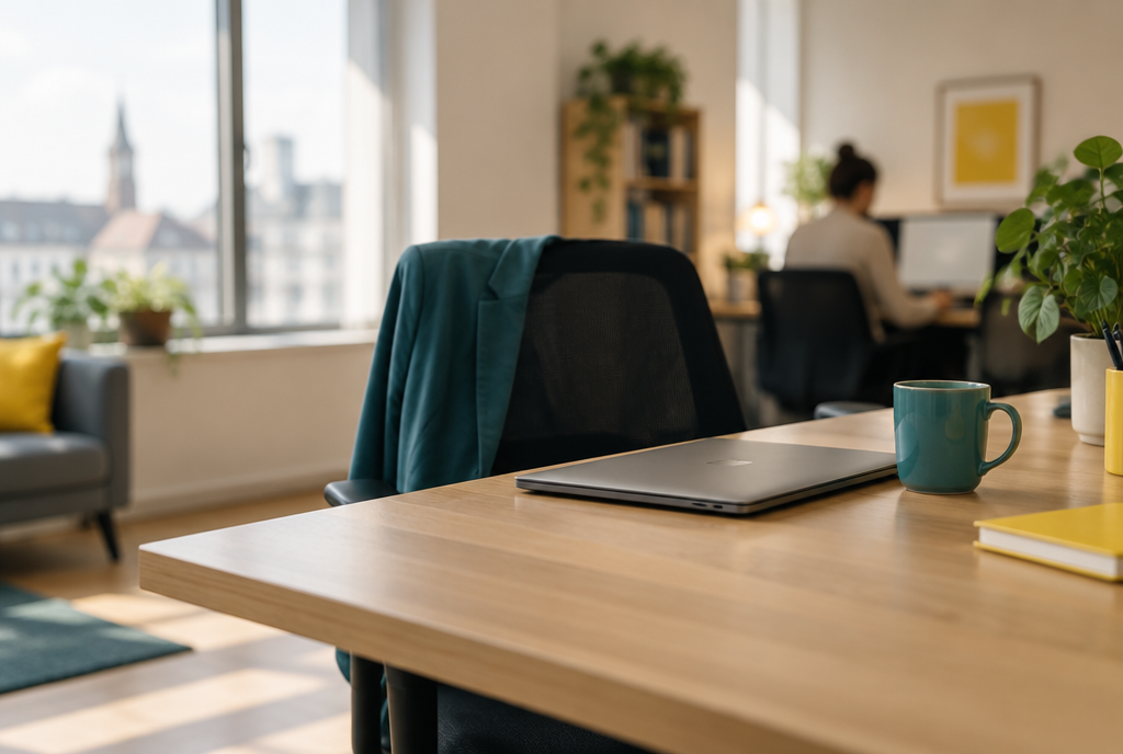 Arbeitsplatz am Morgen mit Laptop, Tasse und Jacke über dem Bürostuhl