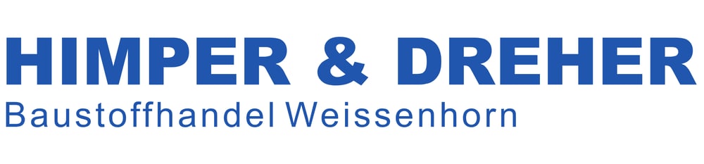 HIMPER & DREHER Baustoffhandel Weissenhorn Schriftzug in Blau auf weißem Hintergrund.