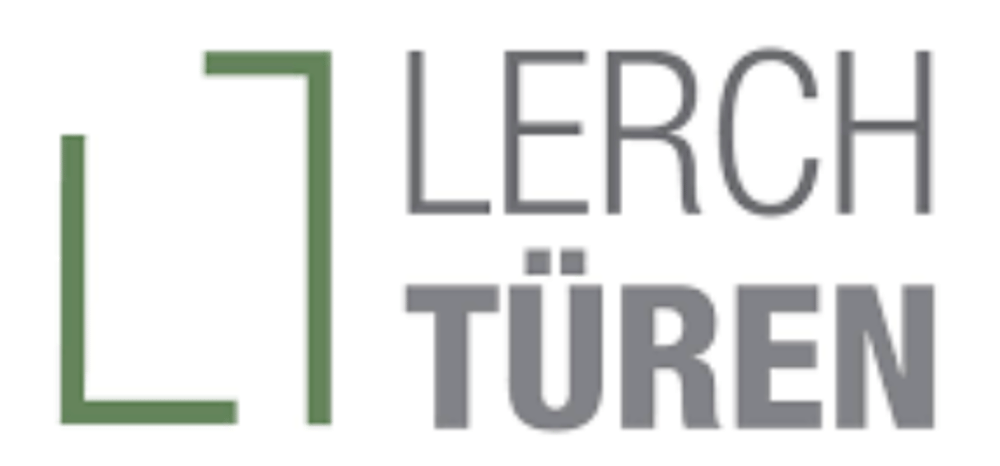 Grünes L-förmiges Logo mit "LERCH" in Grau und "TÜREN" in dunklerem Grau.