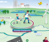 Zwei Kinder in Fußballtrikots in den Farben der Stadtwerke Huntetal kicken einen Ball auf einer grünen Wiese, umgeben von einem der Landschaft des Huntetals mit Kraftewerk und See.
