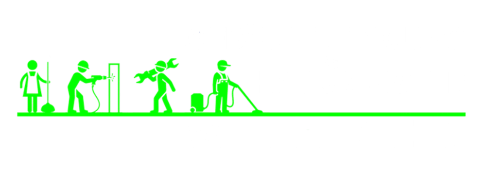 Grüne Piktogramme von Gebäudereinigern, Hausmeistern und Handwerkern mit blauem Text "GEBÄUDEREINIGUNG & HAUSMEISTER WEHREN".