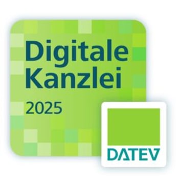 Grünes Logo "Digitale Kanzlei 2025" mit einem kleineren DATEV-Logo.