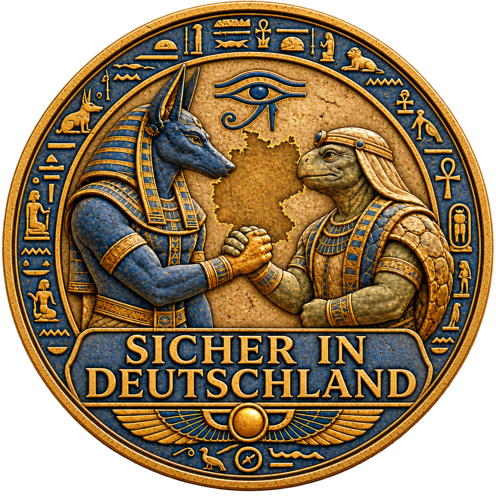 Ein muskulöses, hundeähnliches Tier mit verschränkten Armen vor einem Schild und Pflanzen.