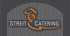 Streit Catering Logo mit orangefarbenem Kochmützen-Symbol und stilisiertem Gesicht.