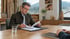 Handwerksunternehmer liest am Besprechungstisch einen Agenturvertrag vor der Unterschrift