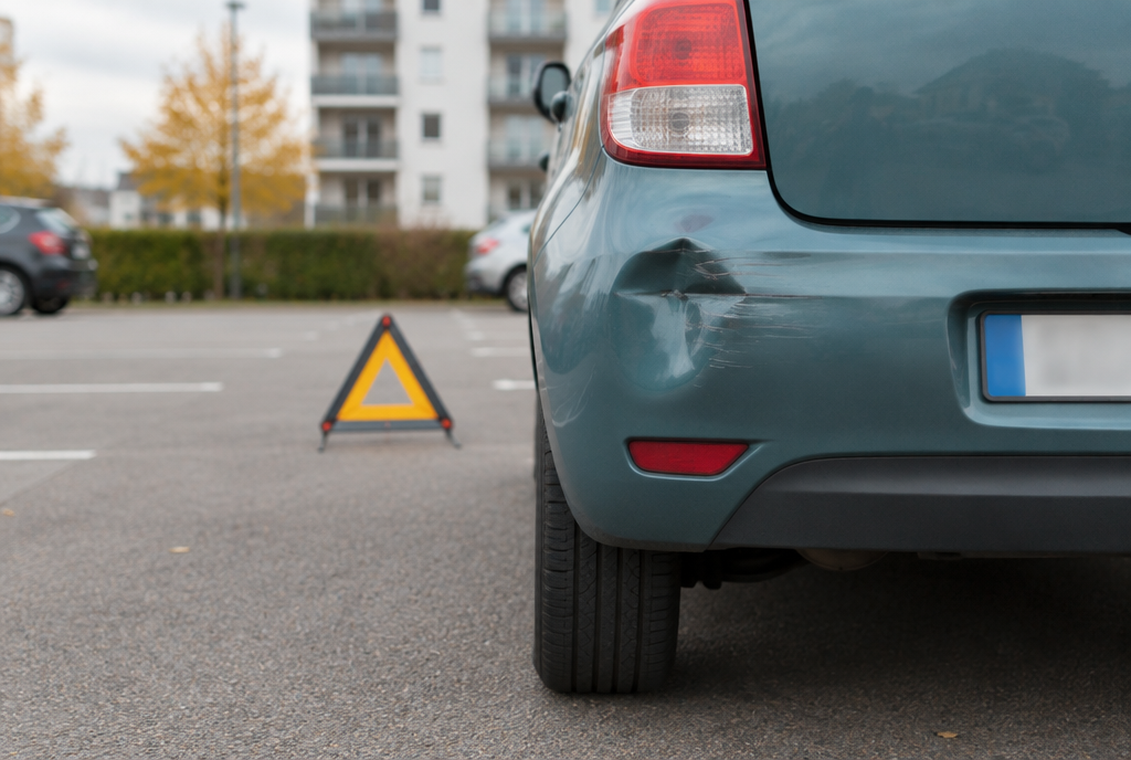 Kleine Delle und Kratzer an der Stoßstange eines Autos auf dem Parkplatz, Warndreieck dahinter