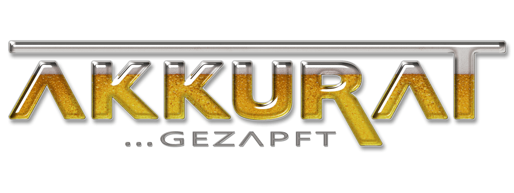 AKKURAT ...GEZAPFT Schriftzug mit glänzenden, goldenen Buchstaben gefüllt wie Bier.
