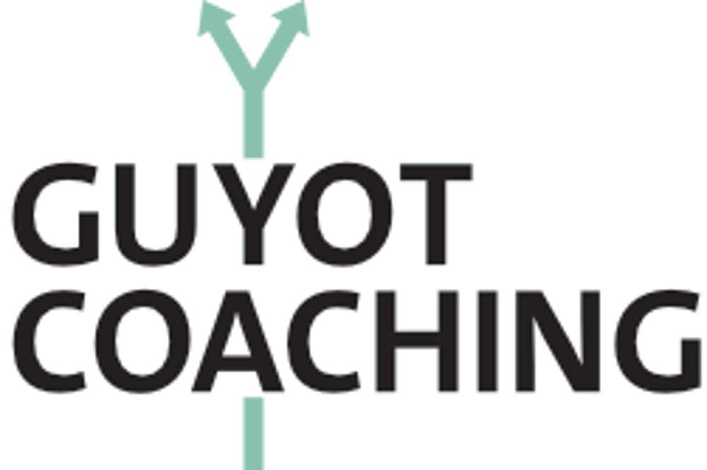 Grünes Logo mit zwei nach oben gerichteten Pfeilen, die sich teilen, und dem Text "GUYOT COACHING".