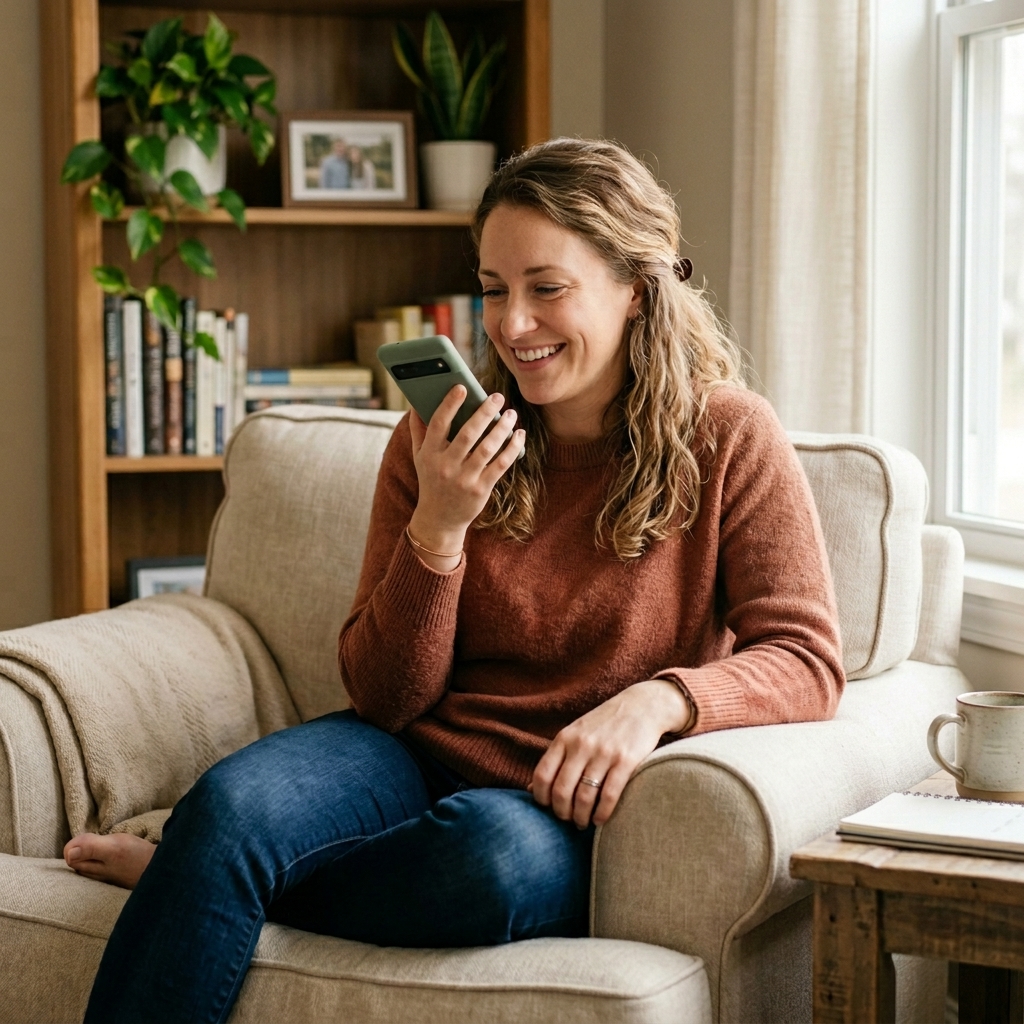 Frau sitzt entspannt am Tisch mit einer Tasse Kaffee