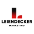 Logo: Großes rotes und schwarzes stilisiertes "L" über "LEIENDECKER MARKETING" in Schwarz auf grünem Hintergrund.