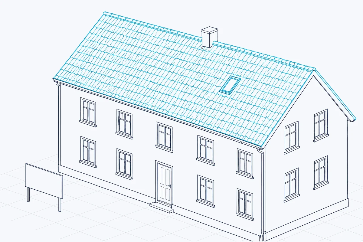 Zeichnung eines Wohnhauses mit neu gedecktem Dach und Bauschild