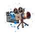 Videoproduktion TN Production -Filmklappe und Vintage-Filmkamera mit blauen Farbspritzern auf weißem Hintergrund