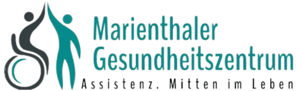 Logo: Eine Person im Rollstuhl und eine stehende Person geben sich ein High-Five. Text: Marienthaler Gesundheitszentrum Assistenz. Mitten im Leben.