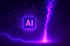 Lila-leuchtender Mikrochip mit "AI" und Leiterbahnen, umgeben von einem Blitz und elektrischen Wellen.