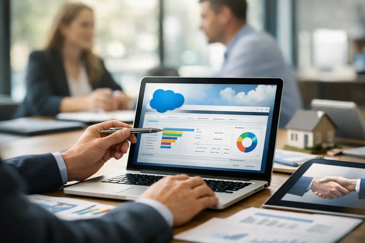 Ein Laptop zeigt das Salesforce-Dashboard mit Diagrammen, während eine Person im Büro mit einem Stift auf den Bildschirm zeigt.