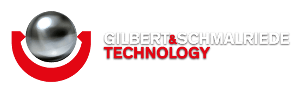 Logo with a silver sphere cradled by a red arc, and text "GILBERT & SCHMALRIEDE TECHNOLOGY" in white and red.