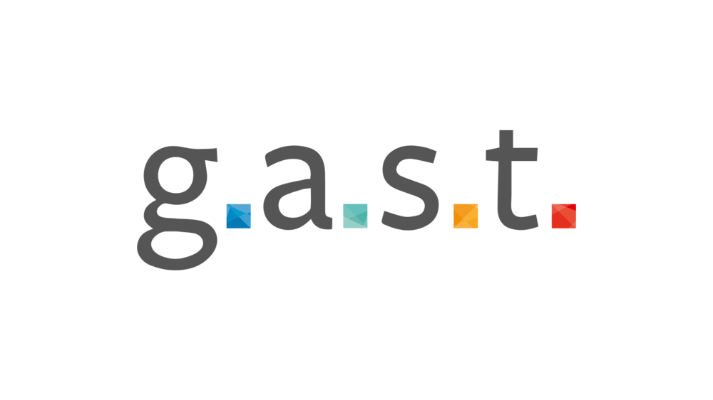 Logo g.a.s.t. mit bunten Quadraten statt der Punkte.