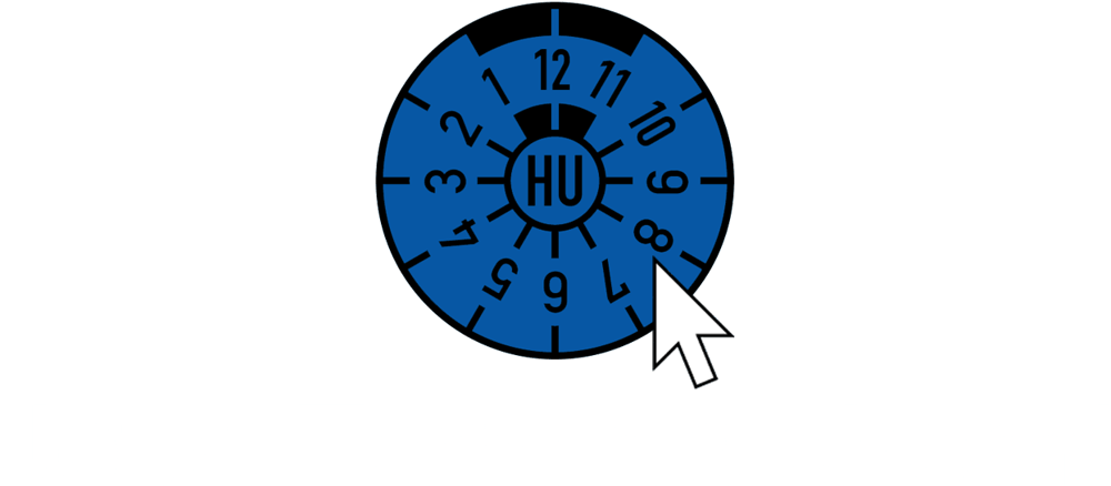 Blaue HU-Plakette mit Zahlen 1-12 und weißem Cursor, der auf die "8" zeigt, dazu der Text "Jetzt Termin sichern!".