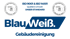 Blau Weiß Gebäudereinigung logo with ISO 9001 and ISO 14001 certifications.