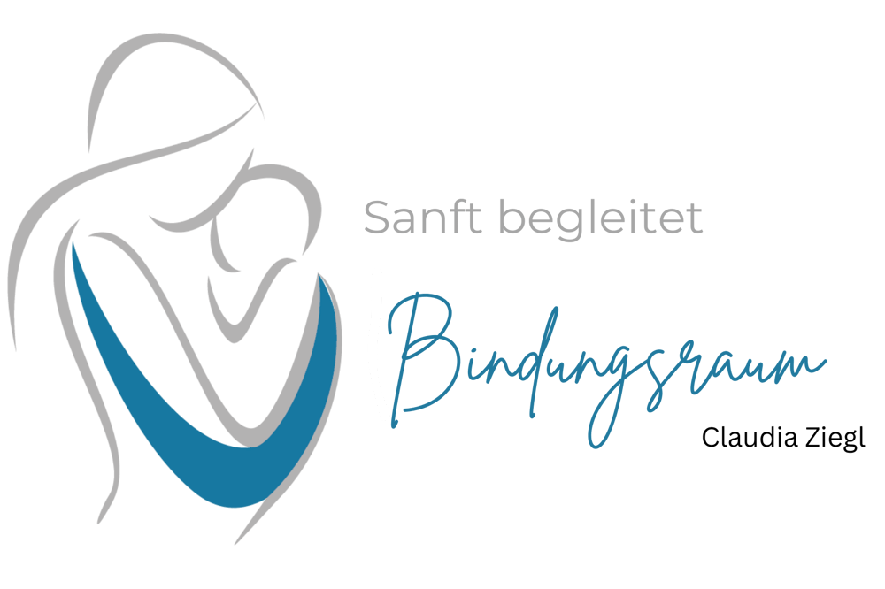 Graues und blaues Logo, das eine Mutter mit einem Baby und den Text "Claudia Ziegl" zeigt.