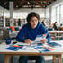 A student in a blue hoodie sits at a library table, looking concerned while reviewing several information flyers.