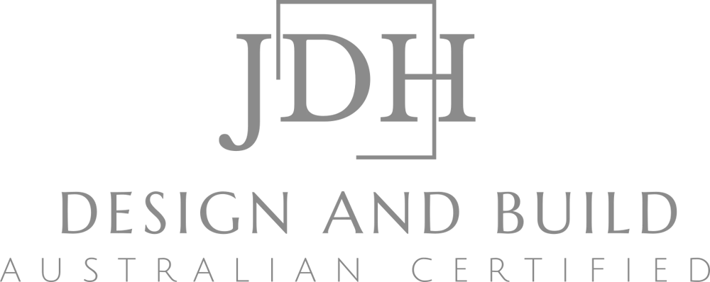 JDH DESIGN AND BUILD AUSTRALIAN CERTIFIED Bali Builder logo in gray text on a  grey background