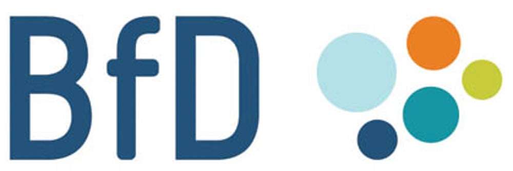Blaues "BfD"-Logo mit fünf unterschiedlich großen, farbigen Kreisen in Orange, Hellblau, Dunkelblau, Türkis und Gelb.
