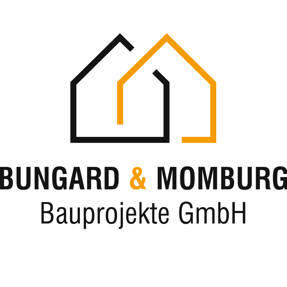 Logo Zwei Hausumrisse, schwarz und orange, über dem Text "BUNGARD & MOMBURG Bauprojekte GmbH".