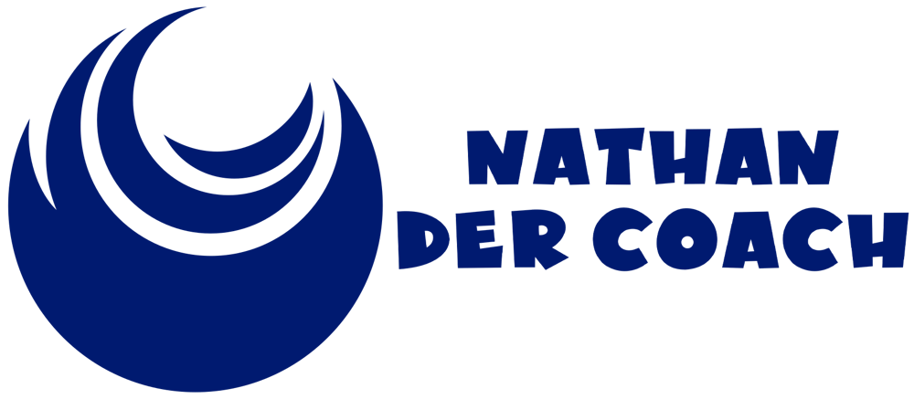 Blaues Logo mit geschwungenen Linien und Text "NATHAN DER COACH".