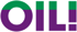 Schriftzug "OIL!" in Grün und Lila mit weißem Umriss.