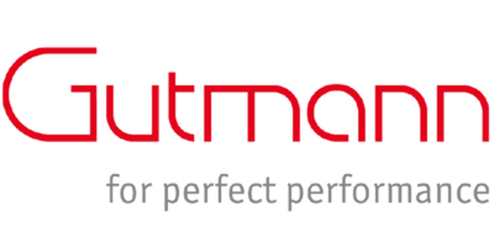 Gutmann-Logo in Rot mit Slogan "for perfect performance" in Grau auf dunkelgrünem Hintergrund.