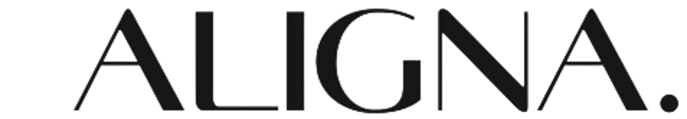 Der Schriftzug ALIGNA. in schwarzer Farbe auf dunkelgrünem Hintergrund.