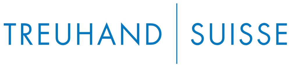 Blauer Text „Mitglied TREUHAND | SUISSE“ auf schwarzem Hintergrund.