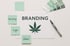 Cannabisblatt-Symbol, umgeben von Notizzetteln mit "Marketing", "Logo", "Ideas" und Farbmuster.