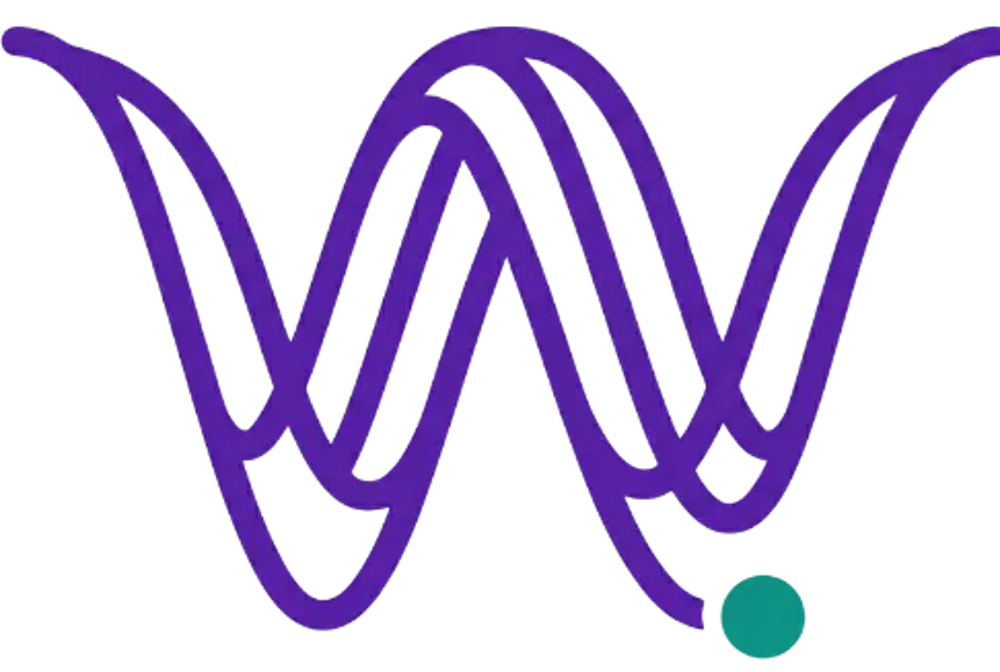 Lila, wellenförmige Linien, die sich kreuzen, mit einem türkisfarbenen Punkt unten rechts.