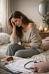 Frau mit Bauchschmerzen und Kopfschmerzen sitzt auf dem Bett, umgeben von Medikamenten und Dokumenten.