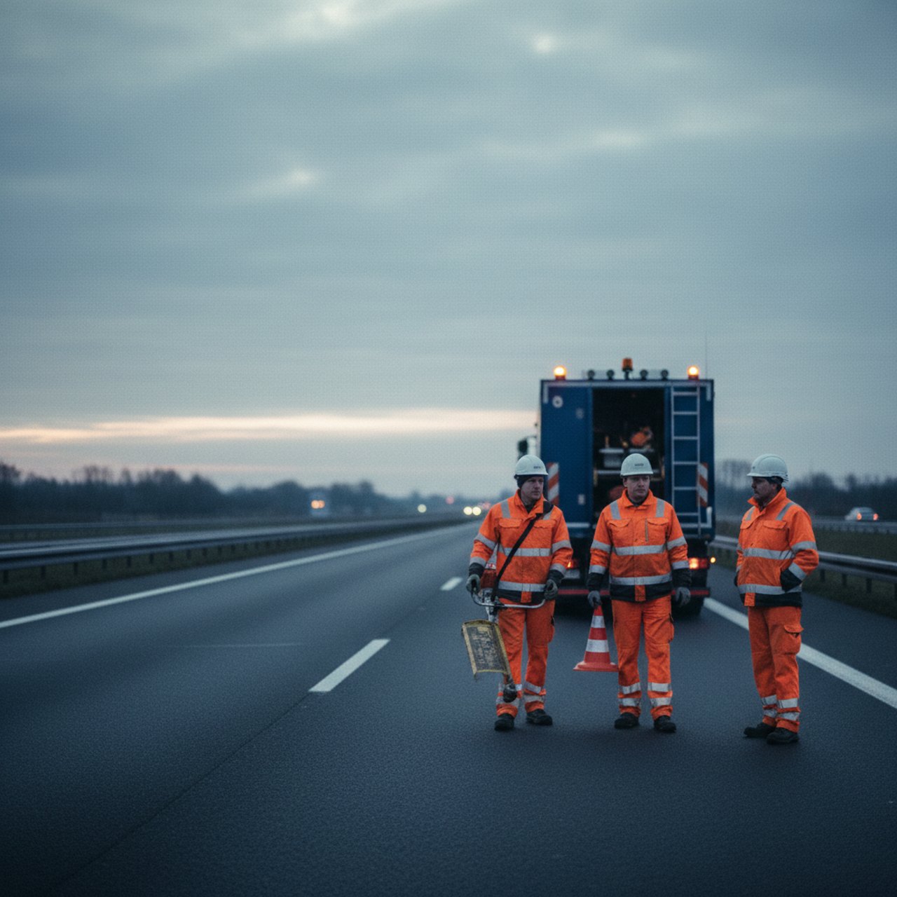 Einsatzteam in Warnschutzkleidung an der Autobahn