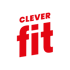 Rote, kursive Schriftzüge "CLEVER" und "fit" auf dunkelgrünem Hintergrund.