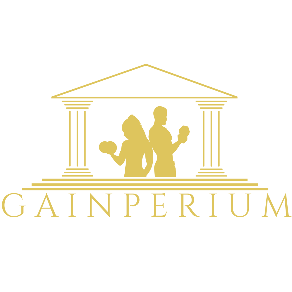 Gainperium-Logo mit zwei Personen, die Gewichte heben, und dem Text „GAINPERIUM“.