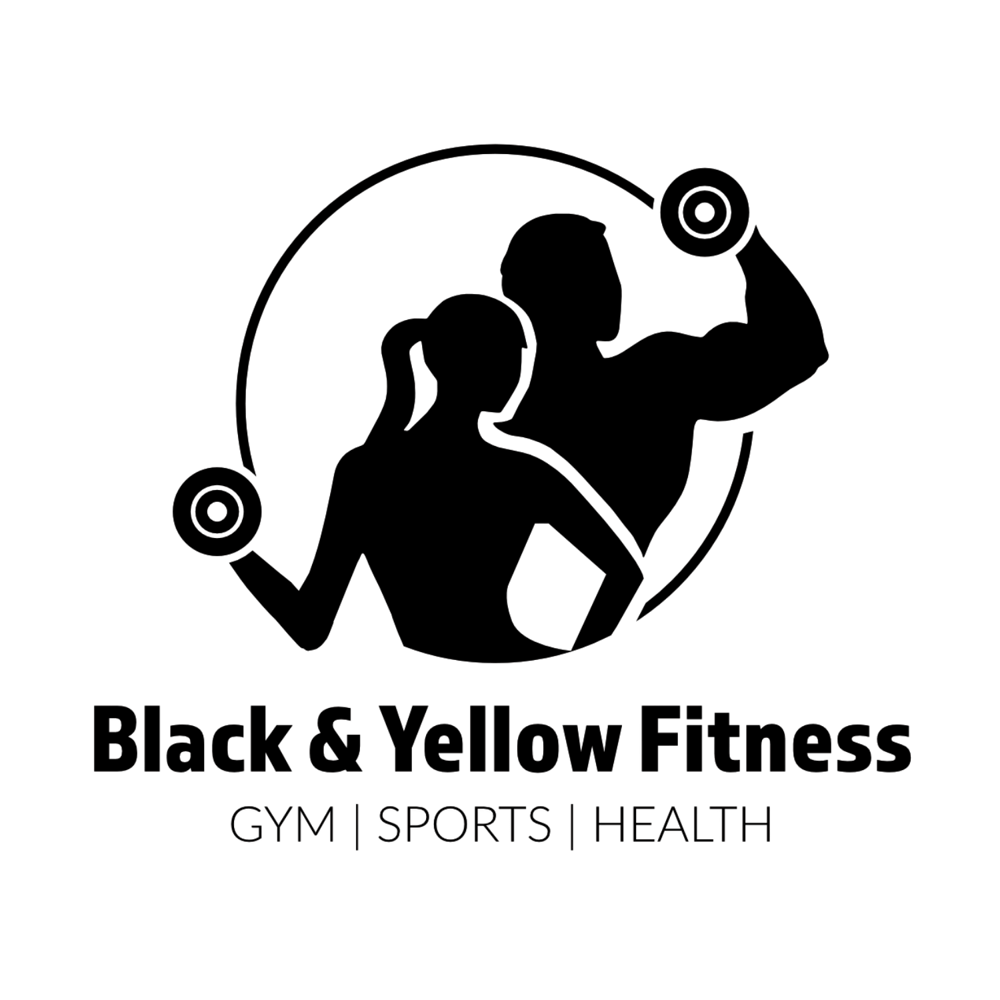 Schwarzer und gelber Fitness-Logo mit Silhouette eines Mannes und einer Frau, die Hanteln heben. Text: "Black & Yellow Fitness GYM | SPORTS | HEALTH".