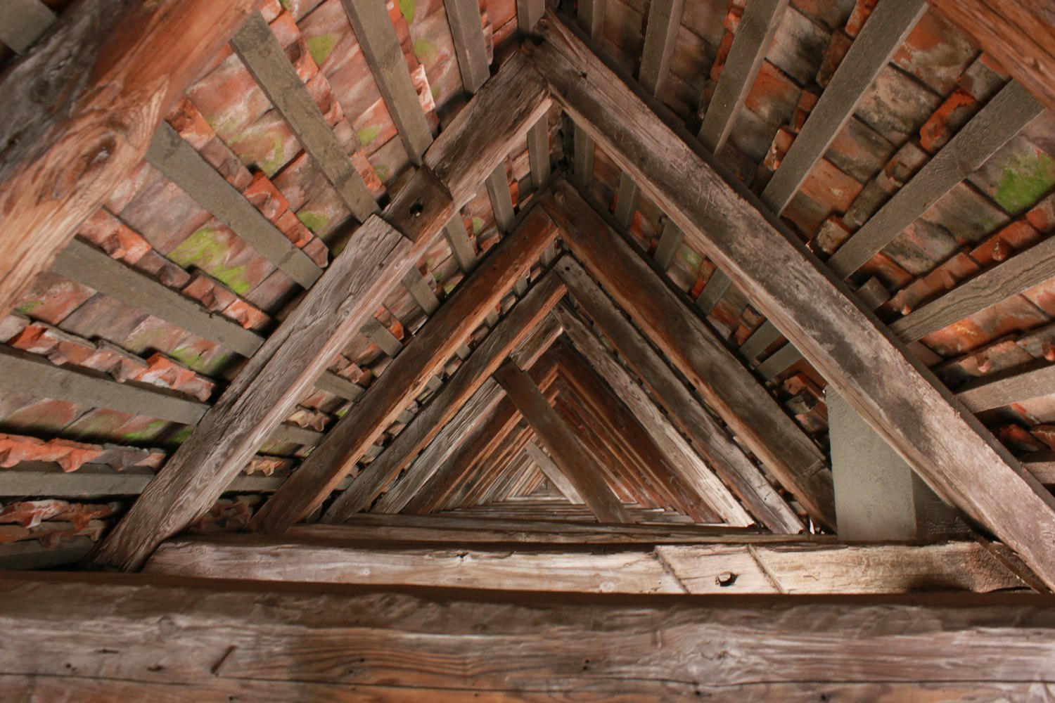 Timber roof trusses forming a triangular frame