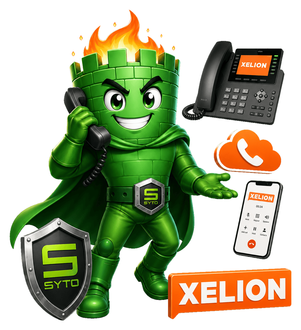 Grünes SYTO-Maskottchen telefoniert neben einem Xelion-Telefon, einem Smartphone und einem Cloud-Symbol