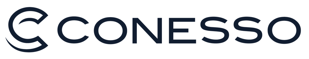 Logo mit stilisiertem C und dem Schriftzug "CONESSO" in Dunkelblau auf dunkelgrünem Hintergrund.