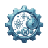 Blaues Zahnrad mit eingeschlossenen Atomsymbolen, einer Stoppuhr und kleineren Zahnrädern im Low-Poly-Stil auf Schwarz.
